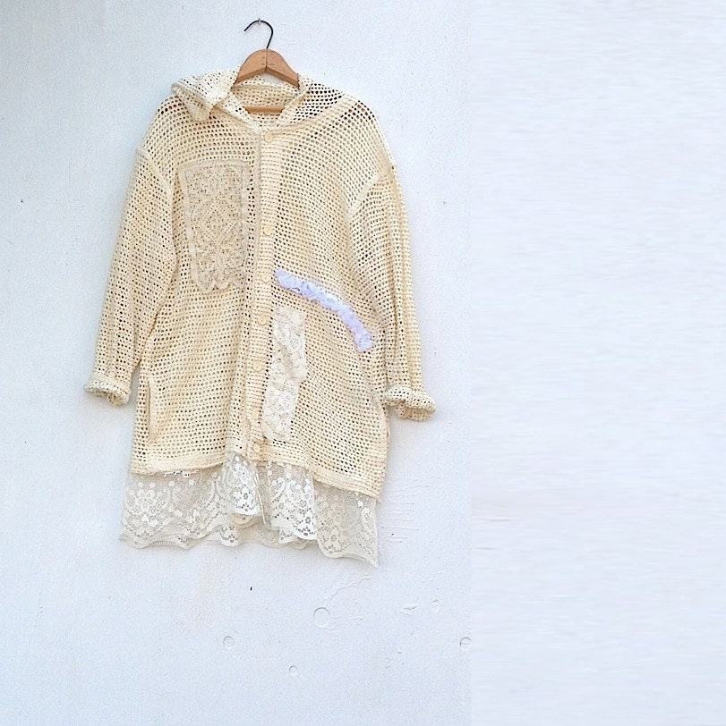 ecru crochet cotton XL hoody hoodie romance gypsy natural vintage lace roses boho cowgirl winter love