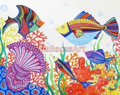 Custom Ocean Nautical Illustration ORIGINAL Painting Fish Sea Creatures 18"x24" Baby Boy Nursery room decor by Olena Baca