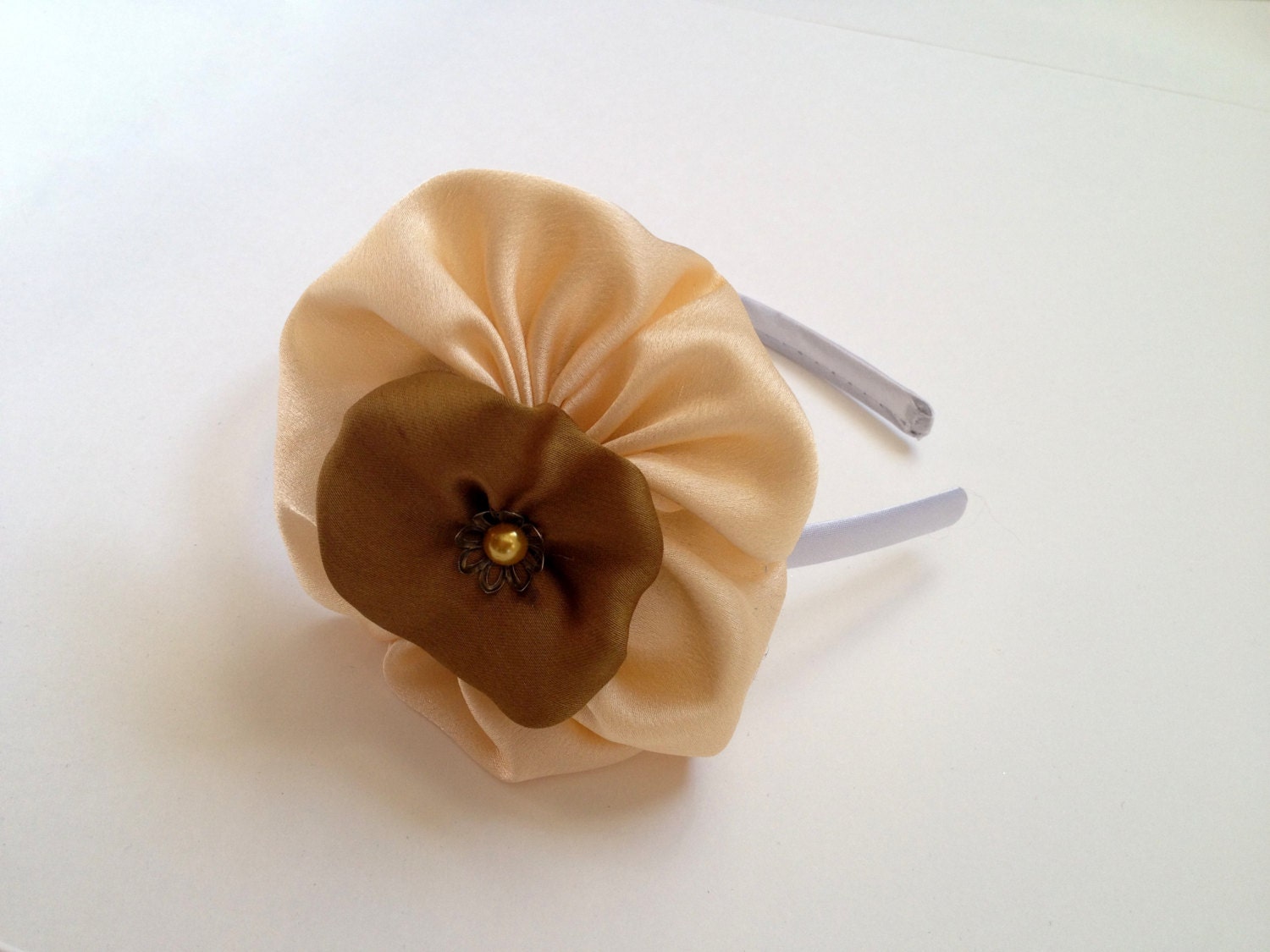 Cream and Gold Fabric Flower Headband, Golden Poof Headband, Teen Flower Headband, Gold and Cream Headband