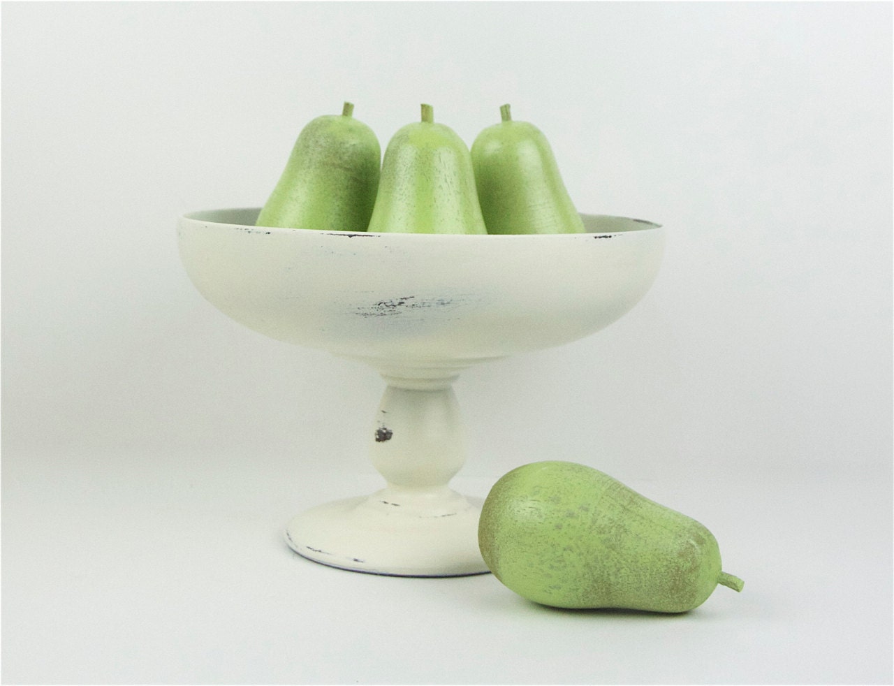 Shabby Cottage Chic Pedestal Bowl - Ivory - Green Pears - Wooden Wood