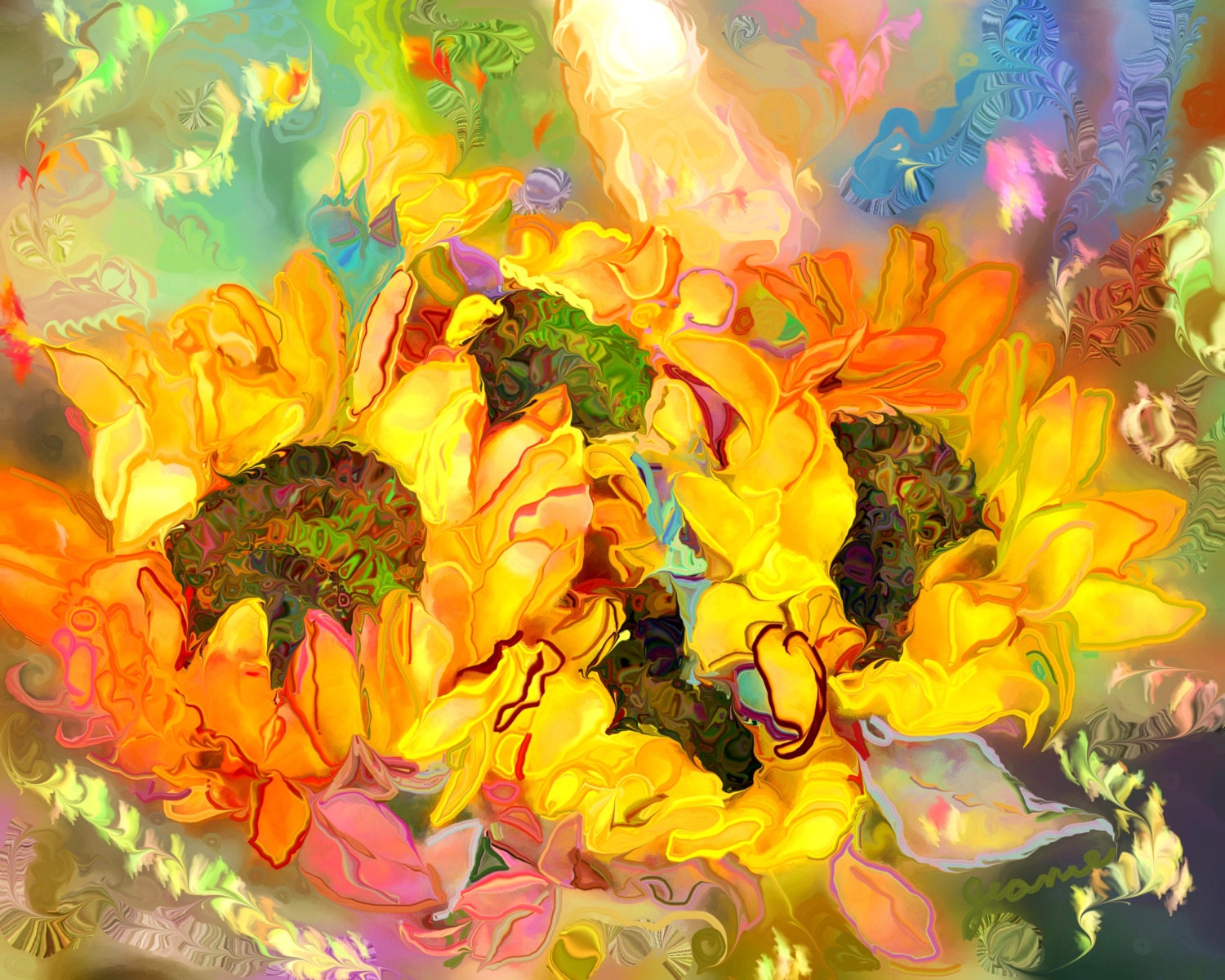 Happy Sunflowers brighten your room. Yellow, orange, blue, green, red. Dancing vibrant colors.