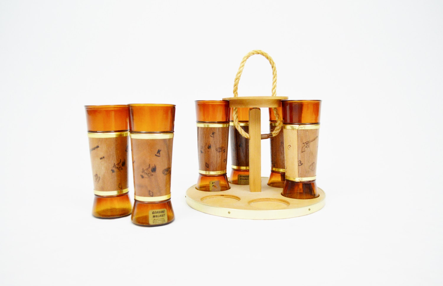 Set of 6 Siesta Ware Amber Western Tiki Tumblers and Carousel