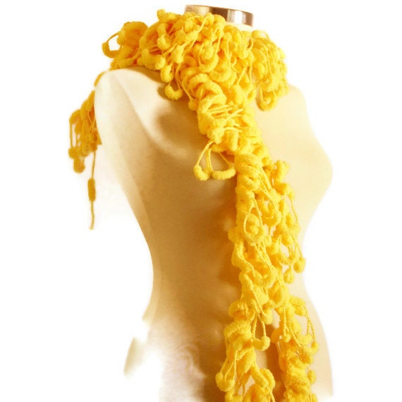 SCARVES Yellow  Pom Pom Cheerleader Knit Scarf Curly Long Scarf, gift wedding,bridial, Neckwarmer, Cowl, Necktie - Cocoon, Mulberry, Pompom