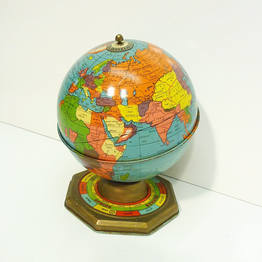 50s World Globe all metal with months astrological signs seasons good vintage condition