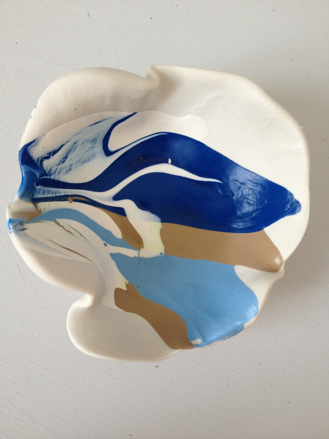 Beach inspired handpainted polymer clay decorative bowl, blue, white, beige, taupe home decor