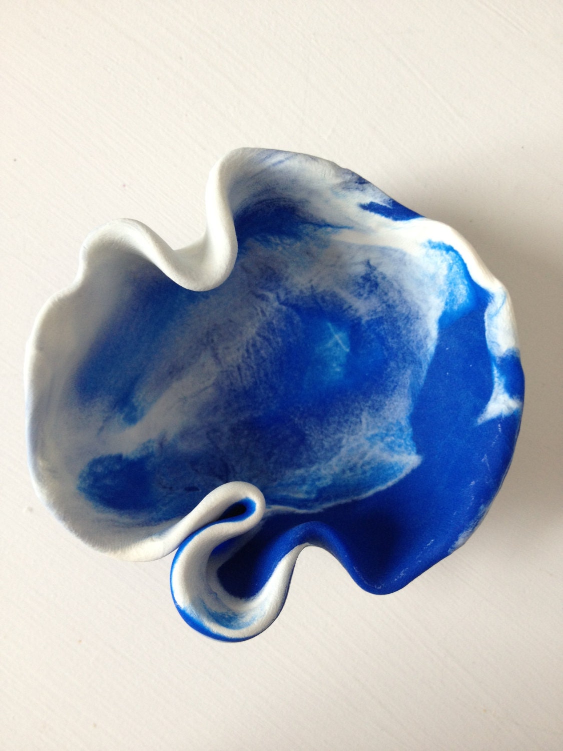 Monaco Blue and white Beach inspired sculpted ploymer clay bowl, white decor, minimalist decor, Pantone Monaco Blue