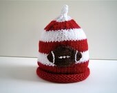 Infant FOOTBALL Hat, Handknit with Stripes, Newborn Size, Cranberry Red and White Stripes Sports Fan Children's Hat
