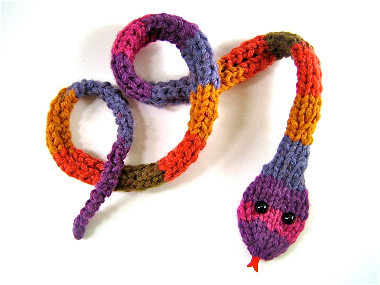 Multicolored Striped Snake Scarf --  Handknit Scarf  Animal accessory Chunky Yarn unisex Animal Lover Whismical One-of-a-kind