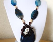 Red White and Blue/Genuine Blue Banded Agate with freshwater pearls and genuine garnet necklace/pendant/brooch