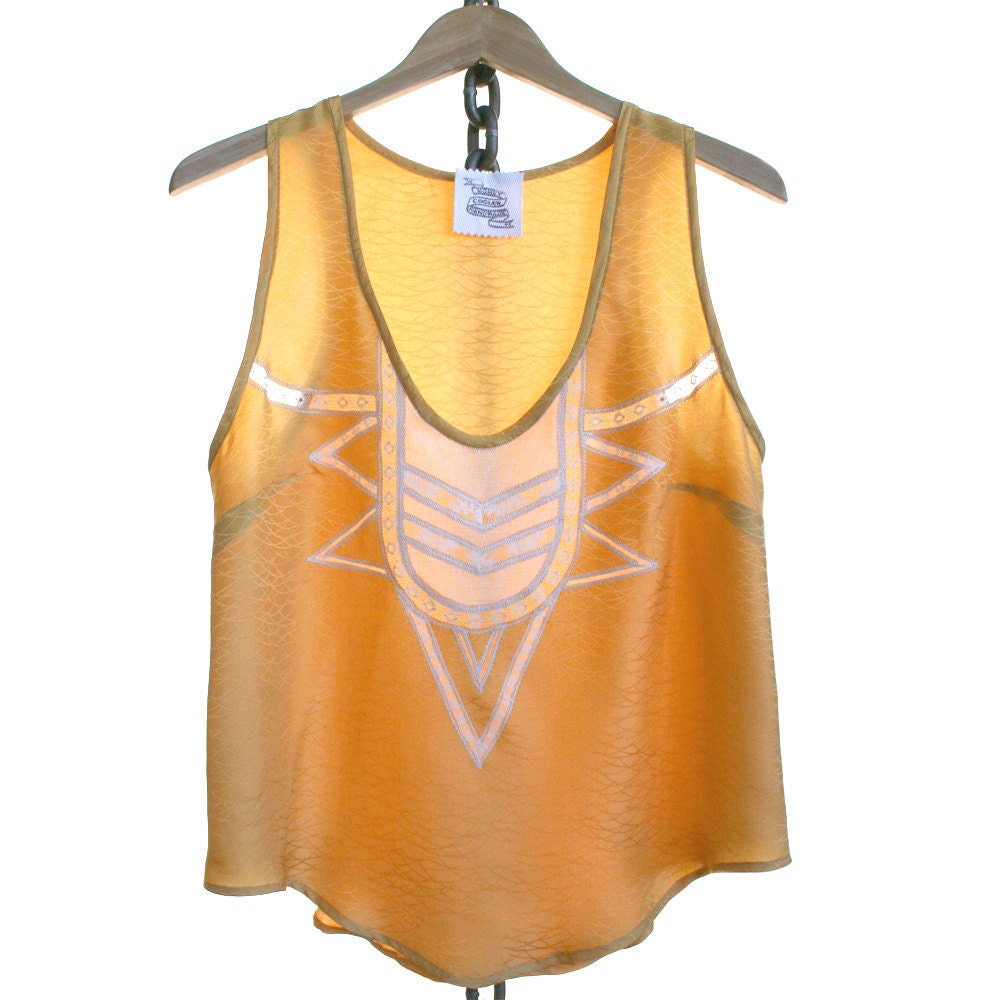 Cropped Silk Tank Top Camisole Lingerie Lace / Gold Mustard Yellow Deco Vintage Jacquard / Extra Large - Geraldine Deco Camisole
