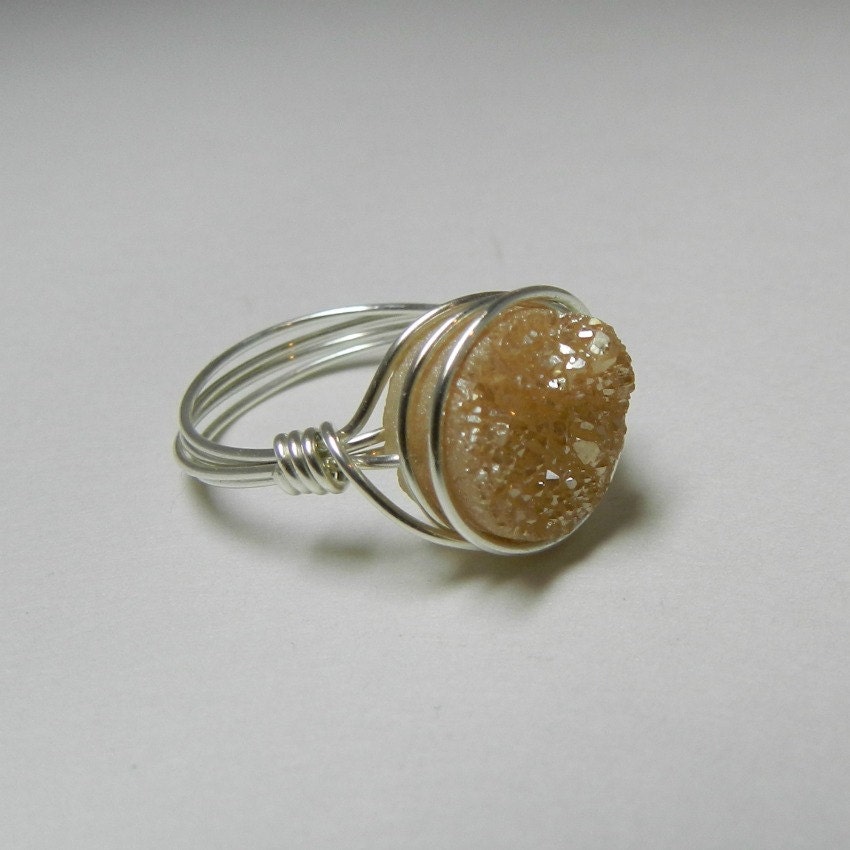 Druzy Ring, Sterling Silver Ring, Wire Wrapped Cocktail Ring, Peach Druzy Ring