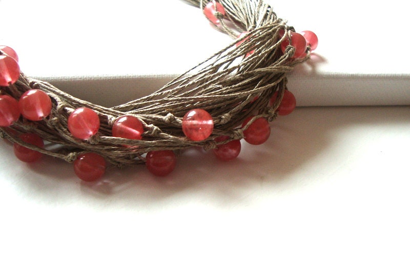Salmon quartz necklace / linen necklace / summer necklace / eco style jewelry / multistrand necklace