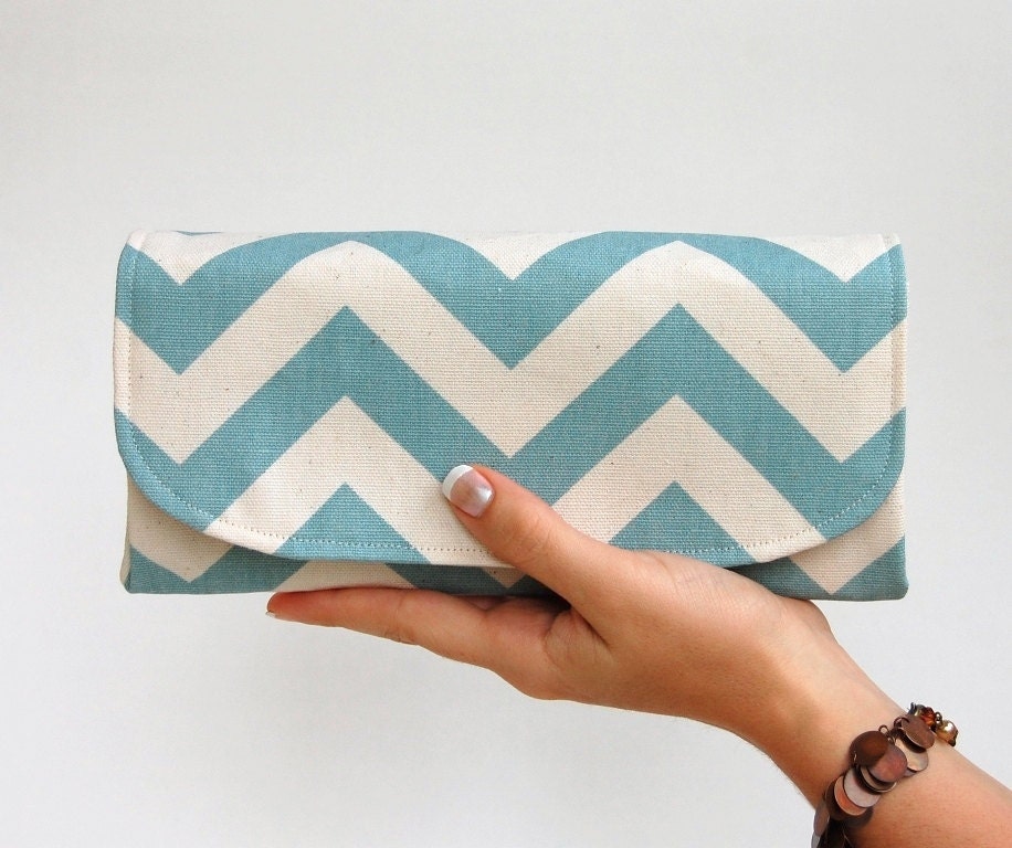 Deluxe Accordion Wallet - IN STOCK - Aqua Chevron with Khaki - Smartphone Clutch - 12 Credit Card Slots