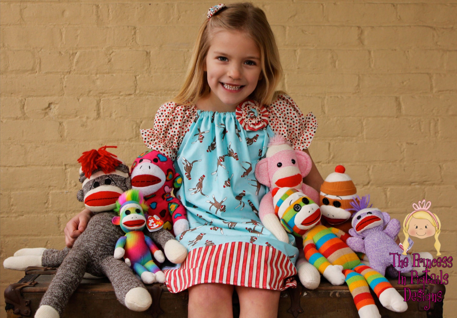 Silly Sock Monkey Girls Peasant Style Dress.....The Princess in Pigtails Designs