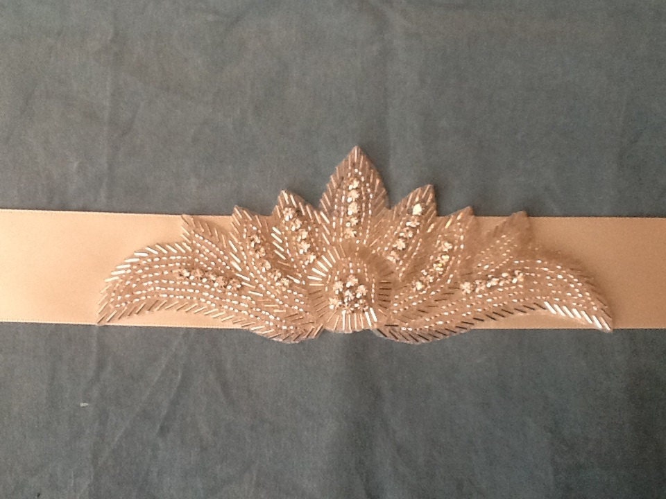 Ivory bridal sash belt with art deco crystal and rhinestone appliqué