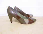 Women's Brown Beige Leather Pumps Monochromatic Shoes Patchwork High Heels 6.5 M