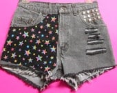 Waist  27 inches  ---Ready to Ship--Vintage  Levis High Waisted -- Denim Shorts - Galaxy Rainbow Stars