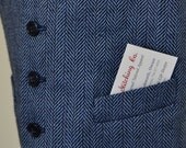 Boys Vest, blue silk/wool herringbone tweed, limited, satin lined, formal wear, toddler, functional welt pockets, custom fit, handmade, USA