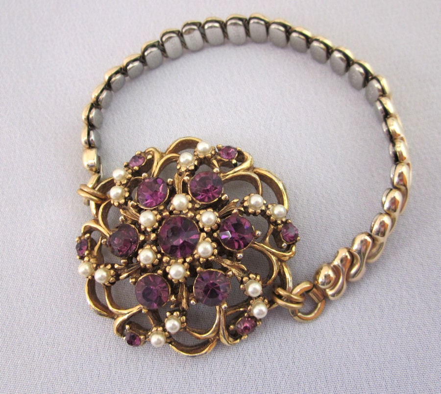 Repurposed Royal Purple Rhinestone Bracelet - Vintage Expansion Bracelet, Pearls, Gold, Handmade OOAK Assemblage Jewelry by JryenDesigns