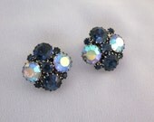 Signed WEISS Blue Rhinestone Earrings, Vintage Sapphire Blue Round Clip On Earrings, 1960s Mad Men Rhinestone Jewelry - JryenDesigns