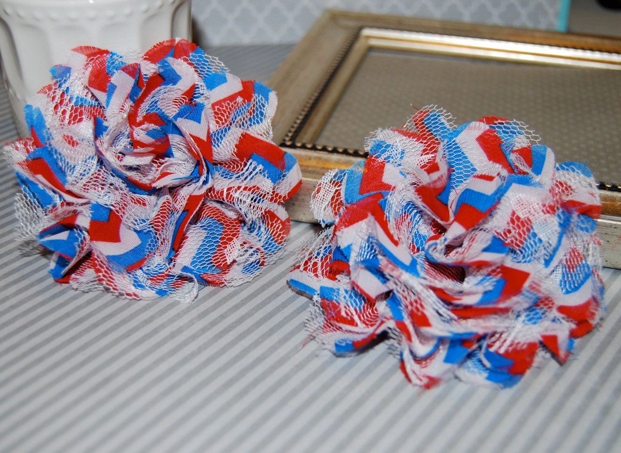 Chiffon Lace Flowers - 2 pcs Red White Blue Chevron - 3.75"  fabric flowers Shabby Chic Frayed Satin mesh Lace  hair brooch headband