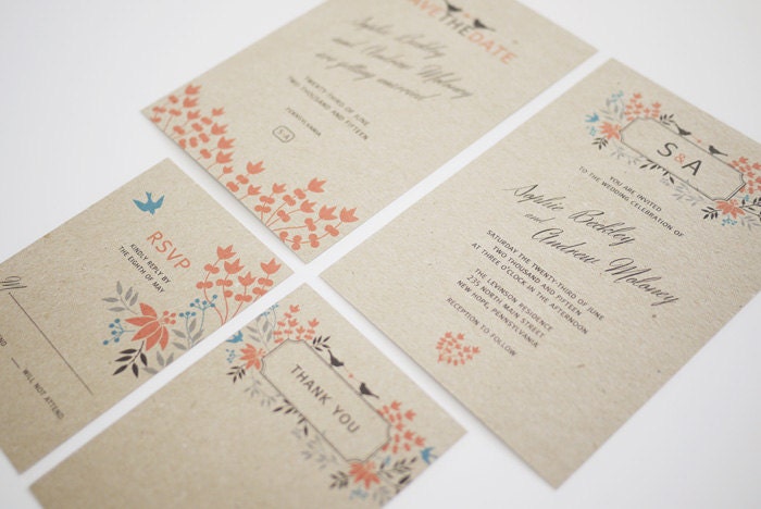 Floral Monogram Love Bird Wedding Invitation Printable Set of 4