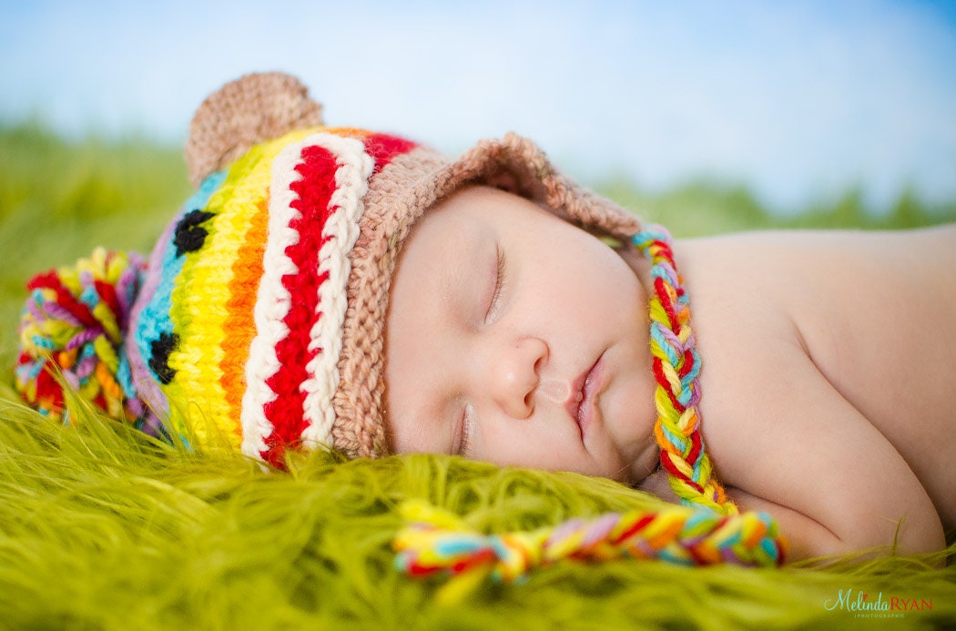 Sock Monkey Rainbow Hat Photo Propy Baby Newborn Hand Knit Boy Girl Earflap Stocking