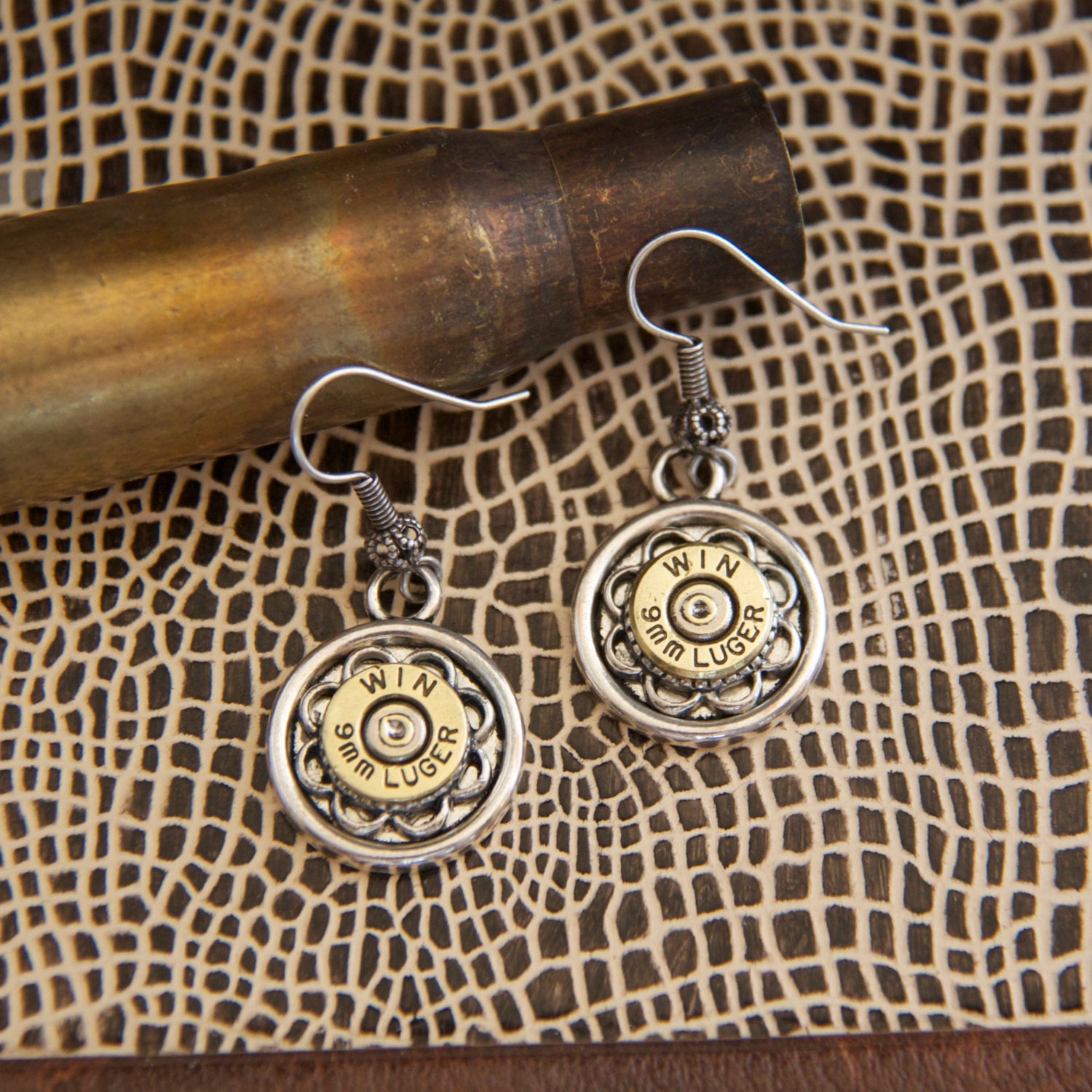 Bullet Casing Jewelry-Winchester 9mm Luger-Mixed Metals -Dangle Earrings-Brass Spent Casings-Caliber Jewelry