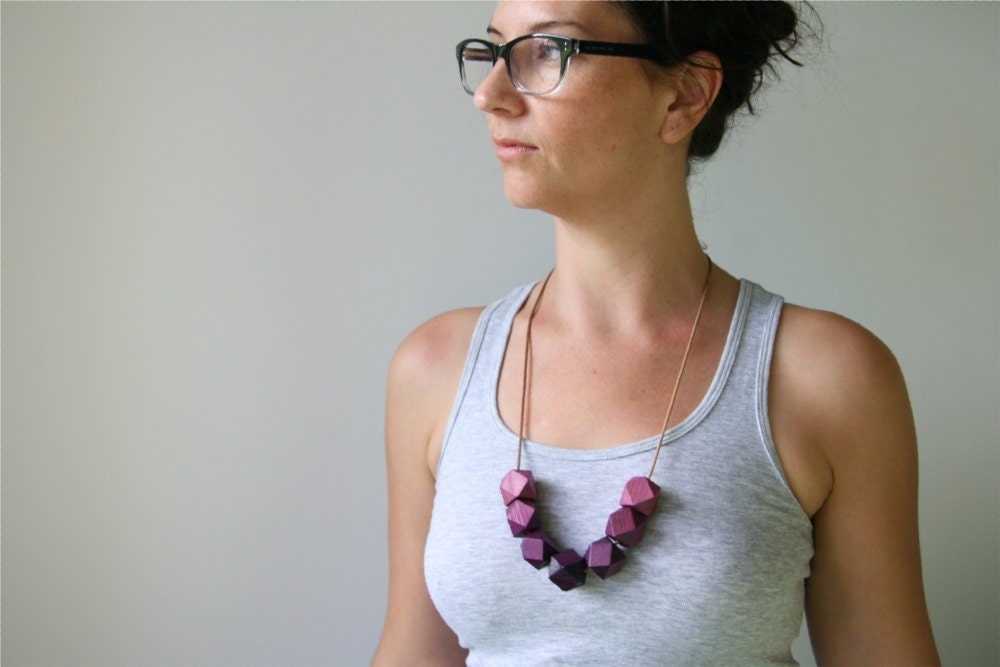 Hand-Dyed Ombre Violet Purple Geometric Wooden Bead Statement Necklace