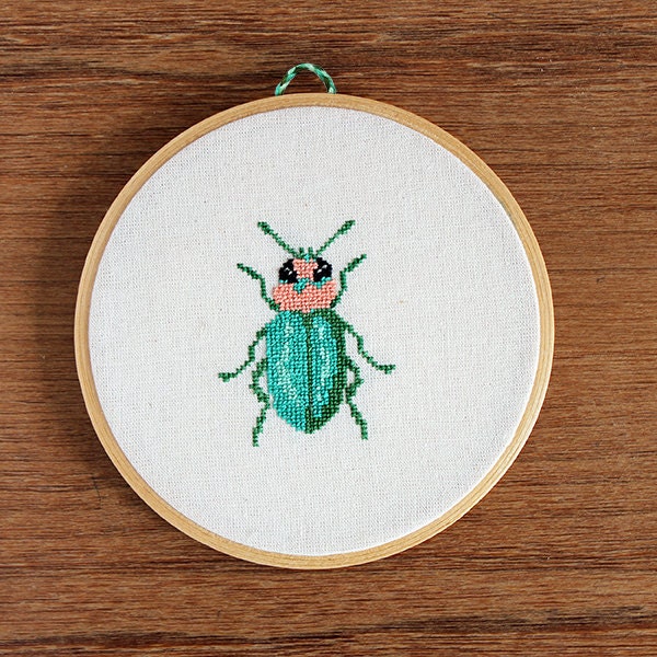 Bug. Beetle. Hands embroidered wall decor. Cross stitch in wooden hoop. Woodland