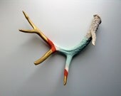 Gold, Orange & Seafoam Striped Painted Antler - Large