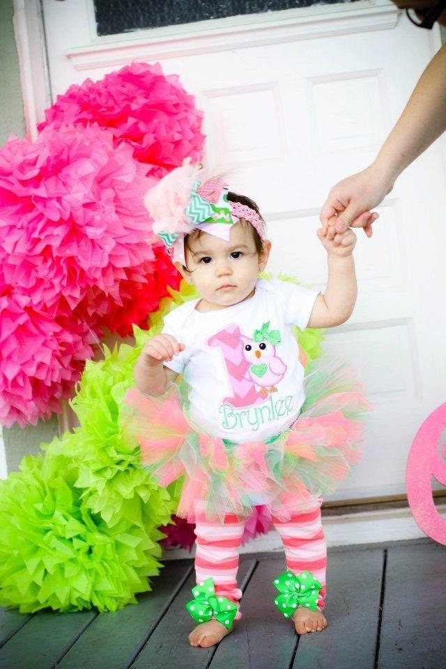 First Birthday Tutu Outfit  -- Pretty Owl -- chevron pinks and greens bow, leg warmers, tutu and personalized onesie