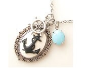 anchor necklace nautical jewelry necklace, cameo necklace, long necklace, beach sea ocean jewelry silver necklace