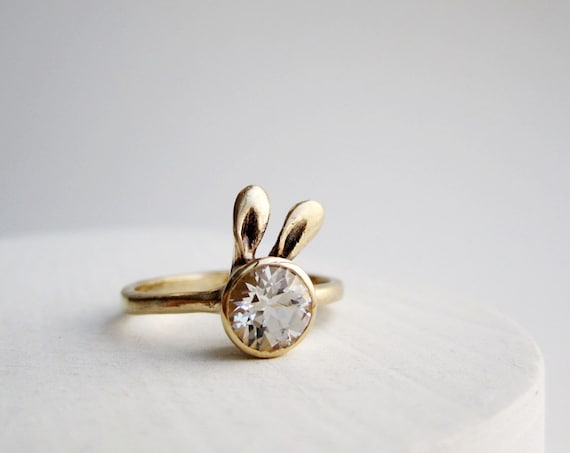 Golden Bunny Ring, 14K Yellow Gold and White Topaz