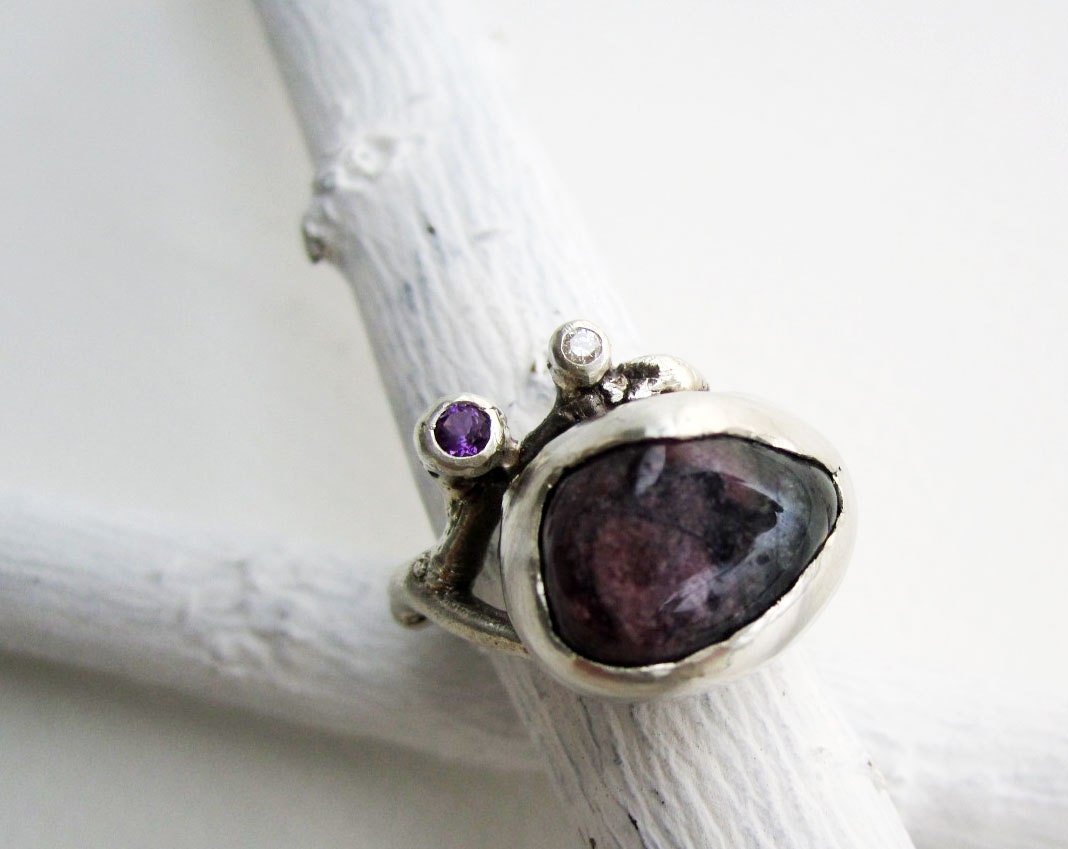 OOAK Raw Tourmaline Diamond Amethyst Silver Twig Ring, Size 7