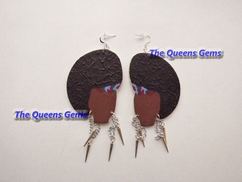 Handpainted Afro Hair Lady Chain and Spiked Wooden Earrings
