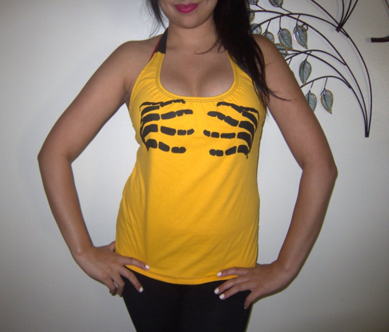 Womens SKELETON Hands On Breast Sexy Handmade Diy Custom Halter Top T shirt - S M L XL