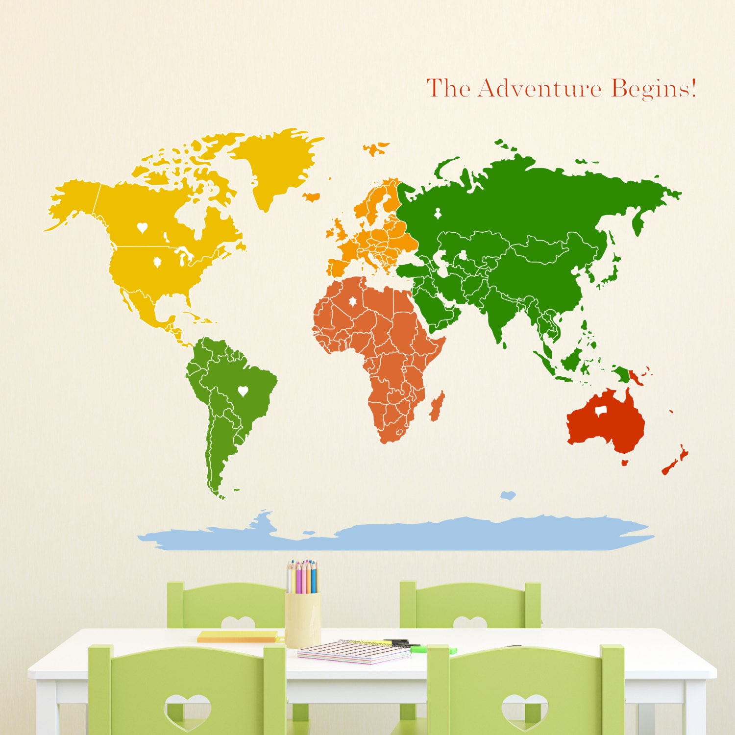 Wall Decal 48"W World Map of Continents w/ Antarctica & Map Markers Vinyl Sticker