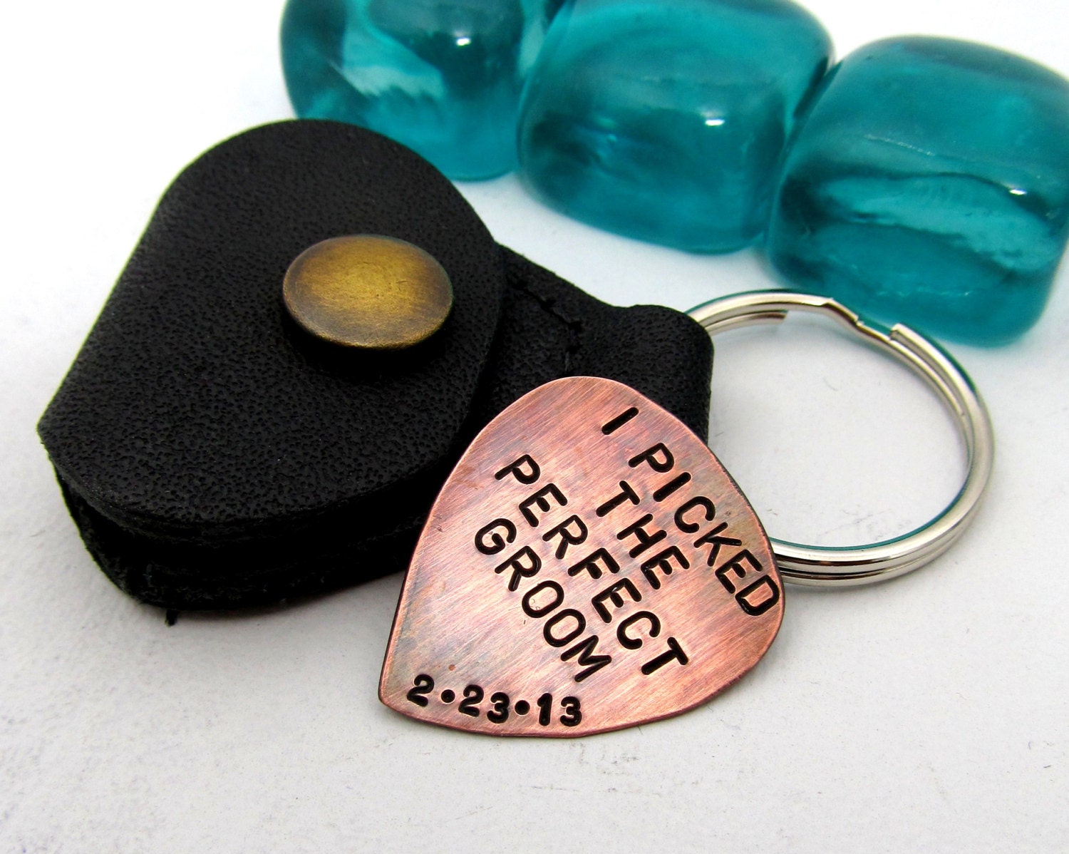 Custom Gift for Groom Personalized Guitar Pick with Leather Key Chain Holder - Hand Stamped Wedding Guitar Pick - Wedding Gift for Him