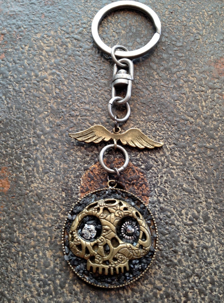 Keychain,Skull and Wings, Leather and Metal,Steampunk Rocker Style