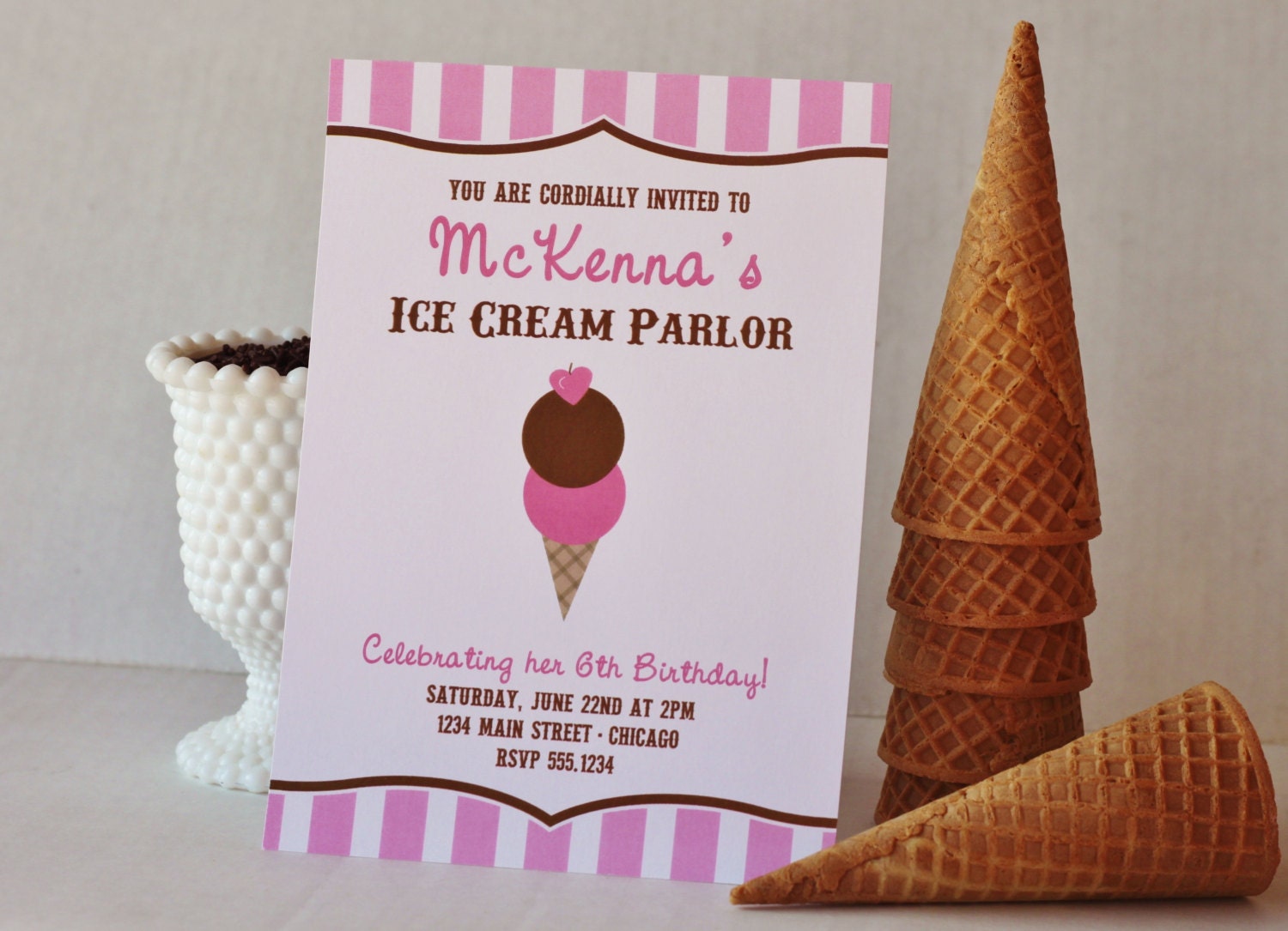 DIY Printable Ice Cream Social Party Invitation Neopolitan colors Pink Brown Il_170x135