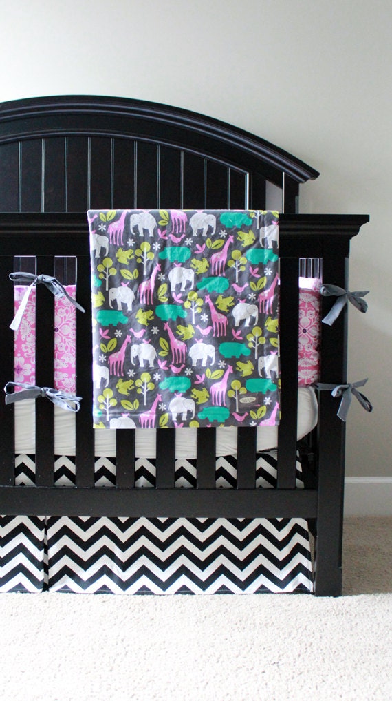 Crib Bedding - Pink, Grey, Aqua Zoology - RESERVED