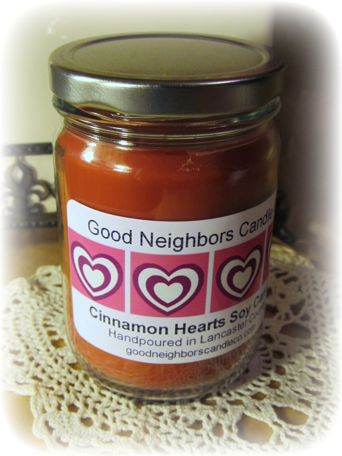 Soy Candle, Cinnamon Hearts, Your choice of label design, Red, A true cinnamon fragrance