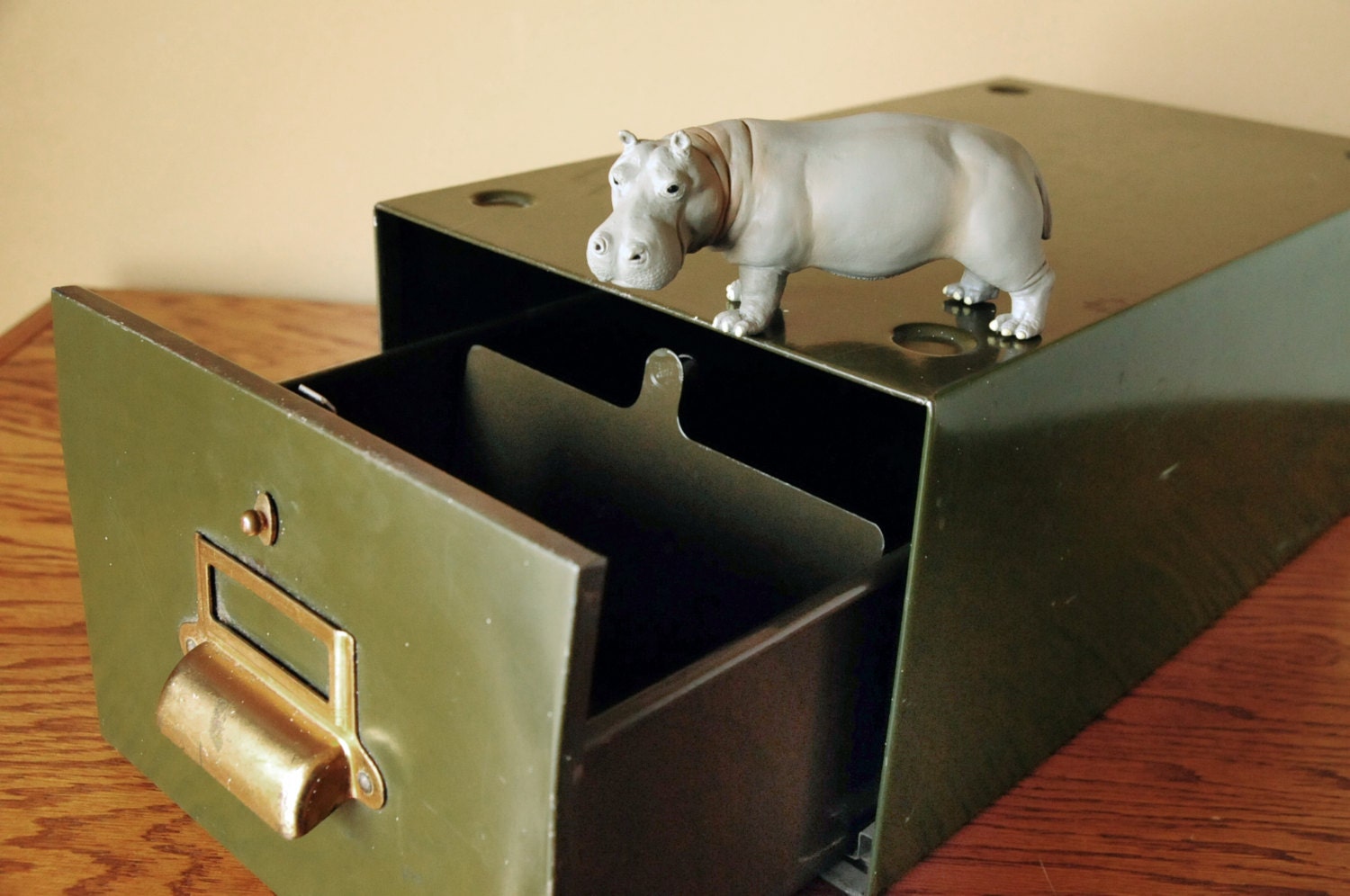 Industrial steel file cabinet,16.5 inches deep, brass details, green, card catalog, heavy, machine age, vintage file drawer