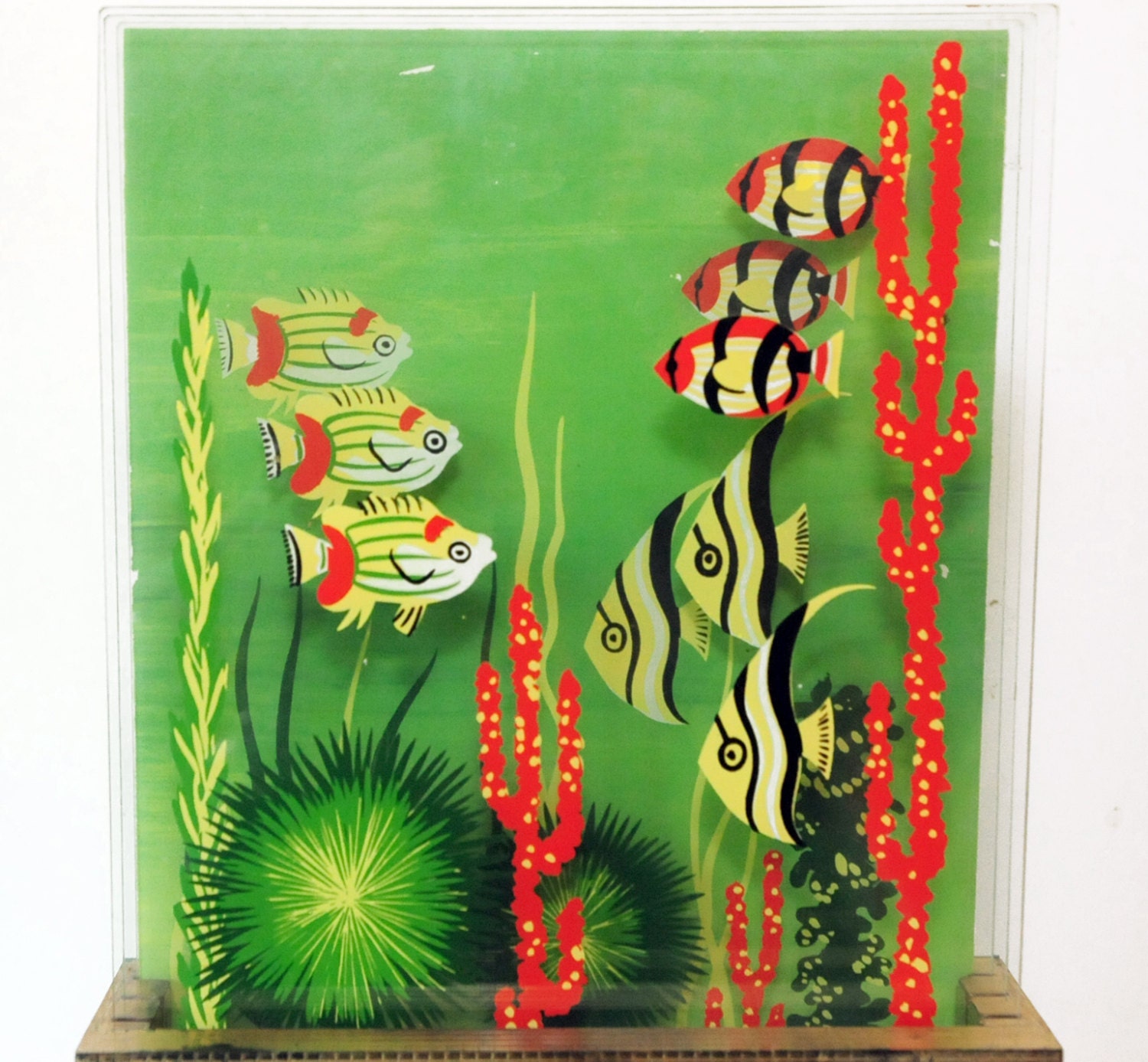 tv lamp, wall sconce, mid century, kitsch, fish, aquarium like, teal, green gold, atomic, retro, a happy and unusual piece