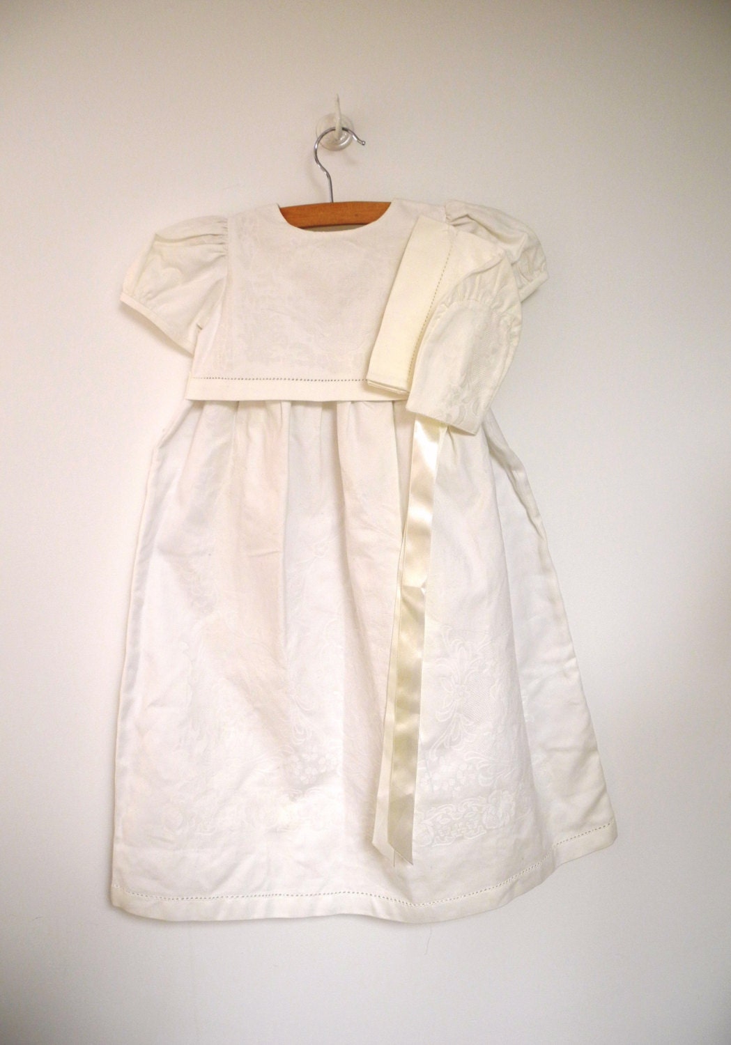 1970's White Damask Irish Christening Gown & Matching Bonnet