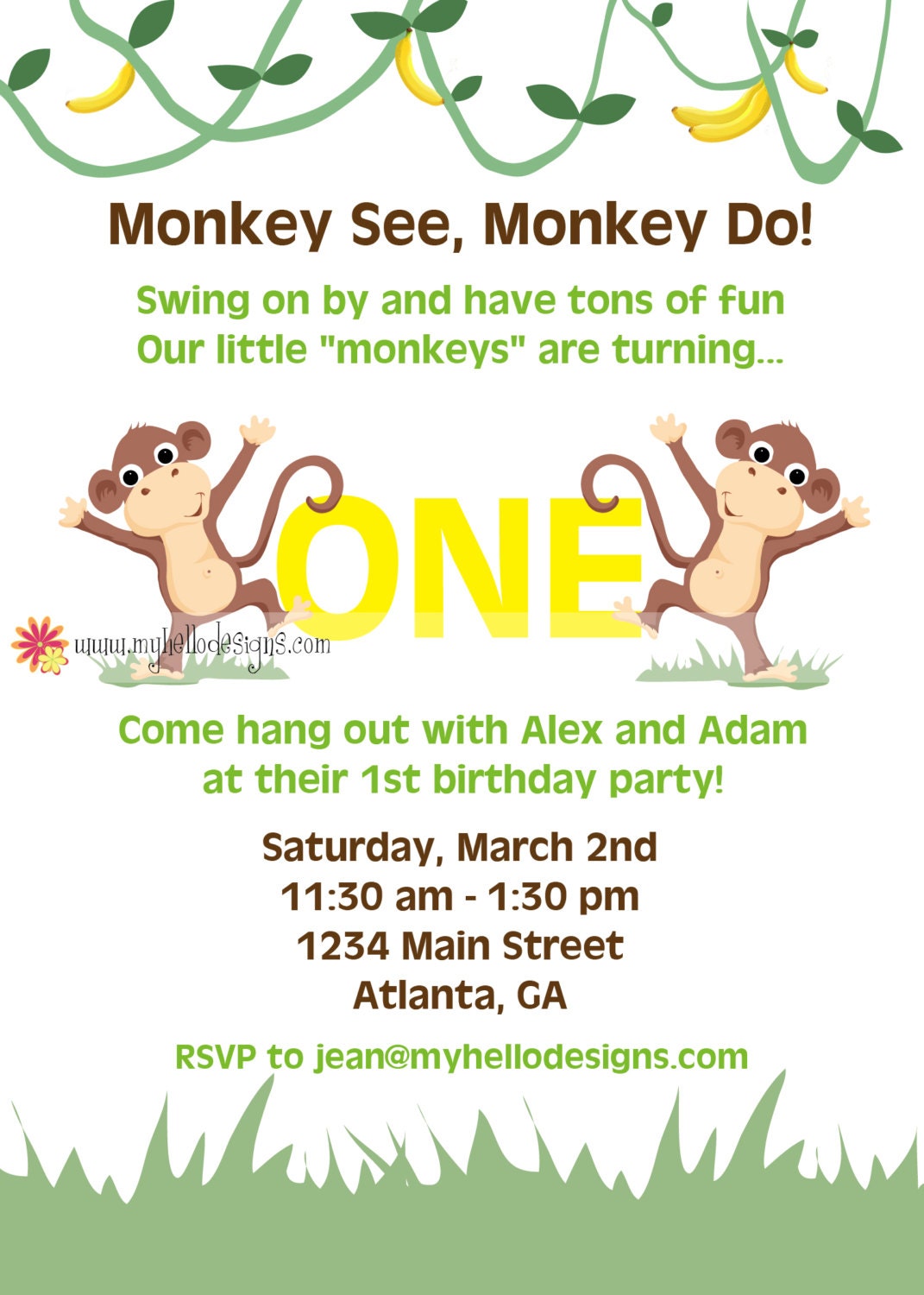 Monkey Birthday Invitation (Twins)