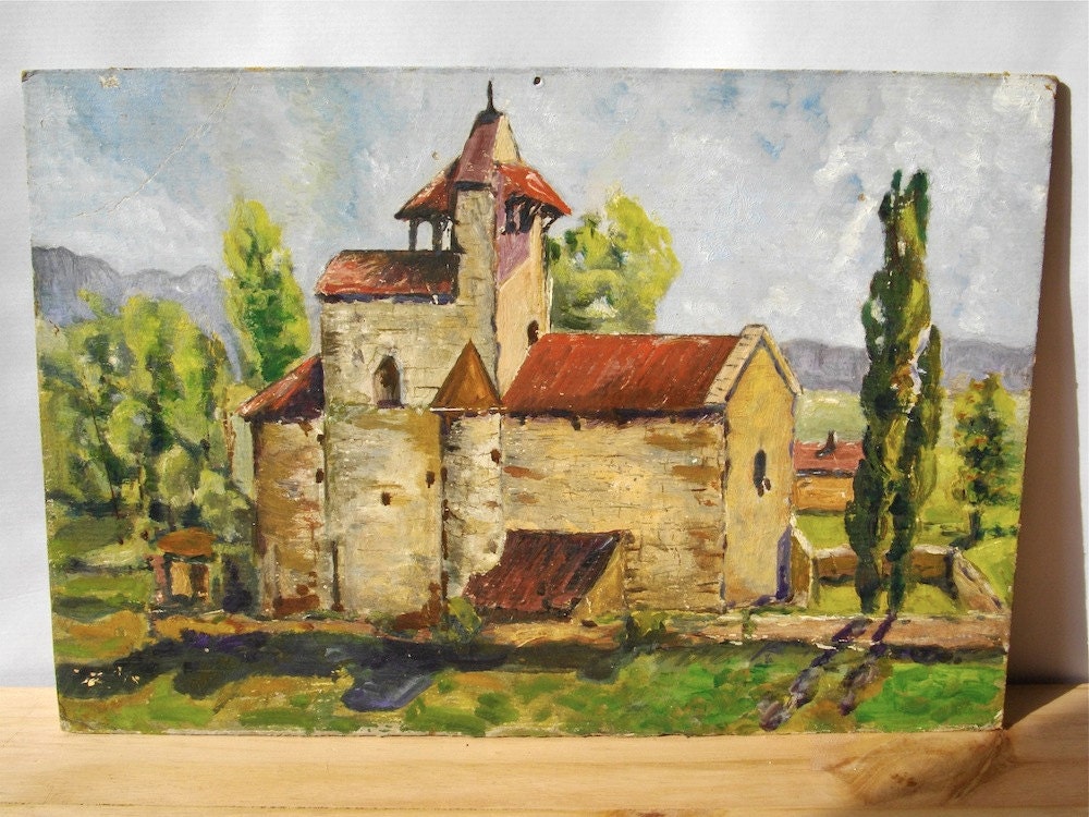 French antique painting - A small chapel in the south of France - oil painting on cardboard