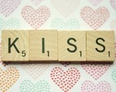 Kiss print-  valentines day, scrabble tile, heart, whimsical, colorful, girly, typography, fine art photography, 8x10 print