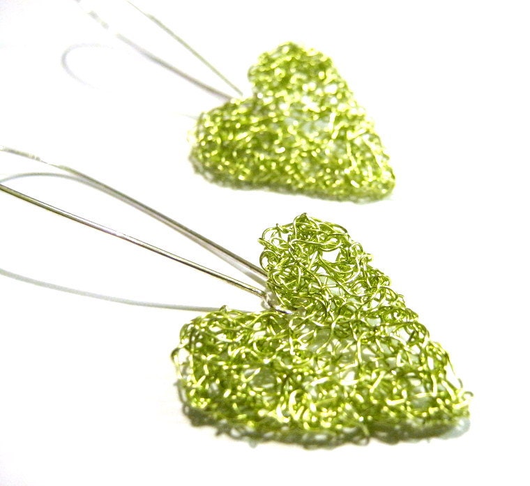 Heart Dangle Earrings, Wire Knit, Chartreuse Lime Green